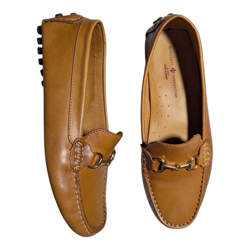 Mercanti Fiorentini Tan Leather Gold Horsebit Classic Driving Loafers Sz 8